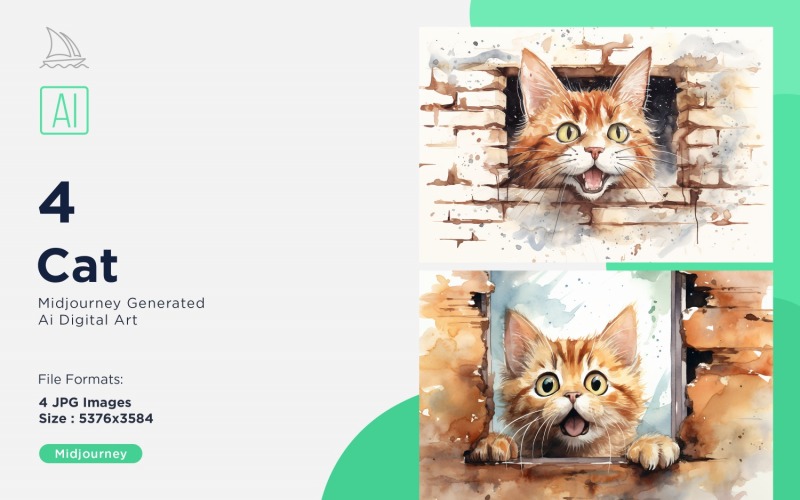 Cat funny Animal head Watercolor peeking on white background Set Illustration