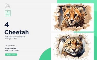 Cheetah funny Animal head Watercolor peeking on white background Set