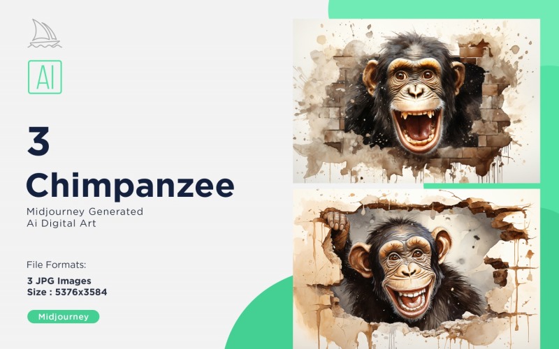 Chimpanzee funny Animal head Watercolor peeking on white background Set Illustration