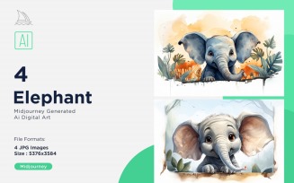Elephant funny Animal head Watercolor peeking on white background Set