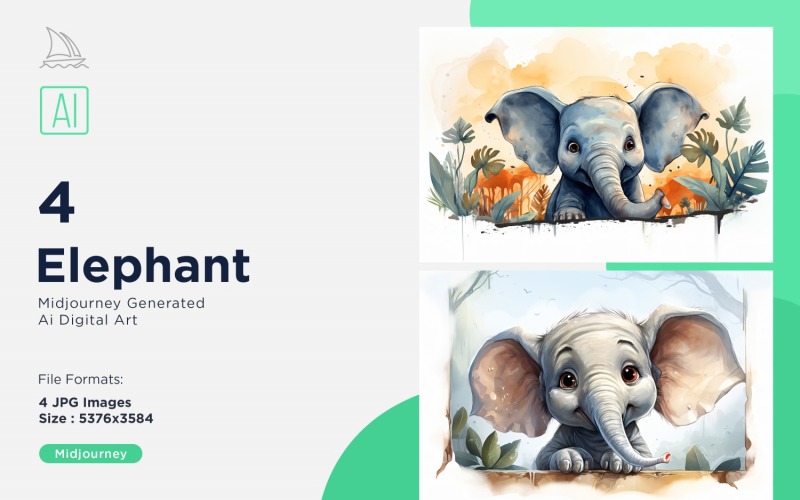 Elephant funny Animal head Watercolor peeking on white background Set Illustration