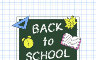 Back to school sale vector banner with green chalkboard and blue shop now button