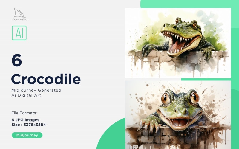 Crocodile funny Animal head peeking on white background Set Illustration