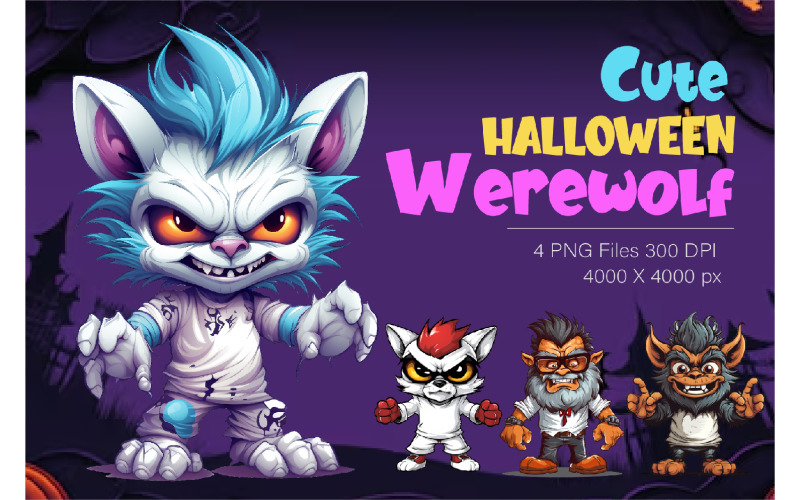 Cute Halloween Werewolf, T-Shirt, Sticker. Illustration