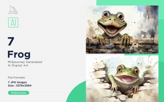 Frog funny Animal head peeking on white background Set