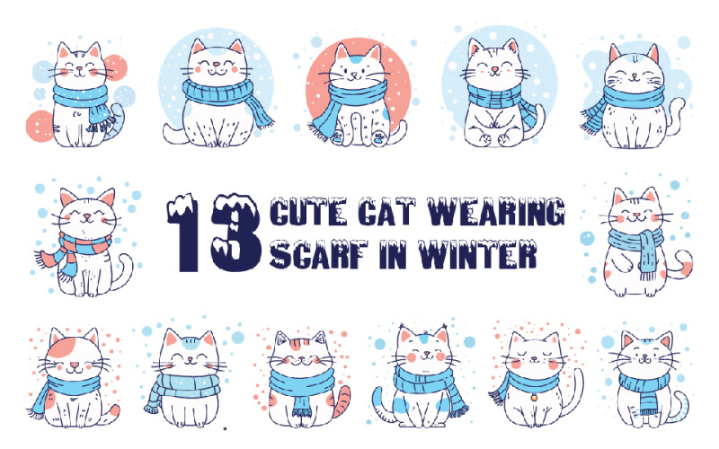 13 Cute Cat Wearing Scarf in Snow Winter Illustration