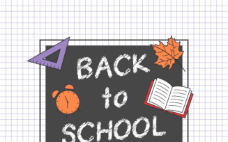 Back to school sale vector banner with gray chalkboard and purple shop now button