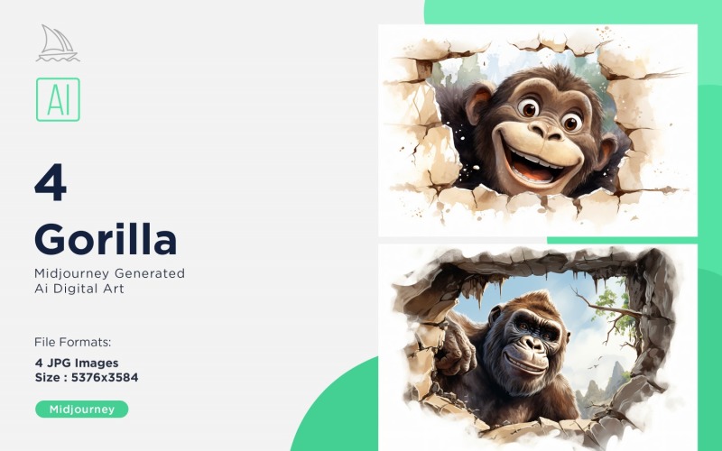 Gorilla funny Animal head peeking on white background Set. Illustration