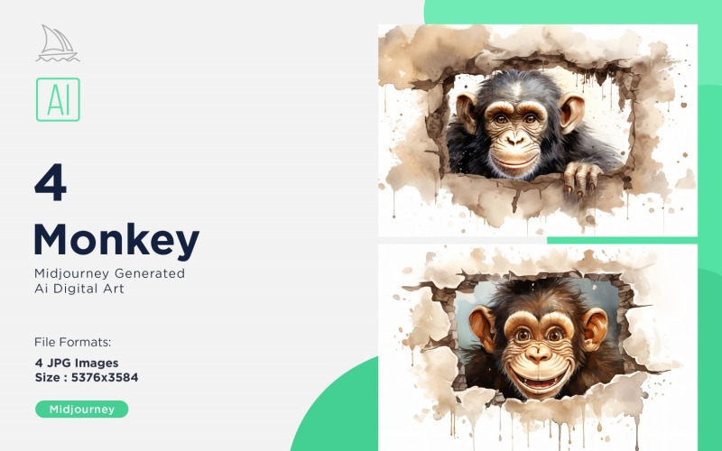 Monkey funny Animal head peeking on white background Set Illustration