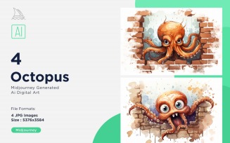 Octopus funny Animal head peeking on white background Set