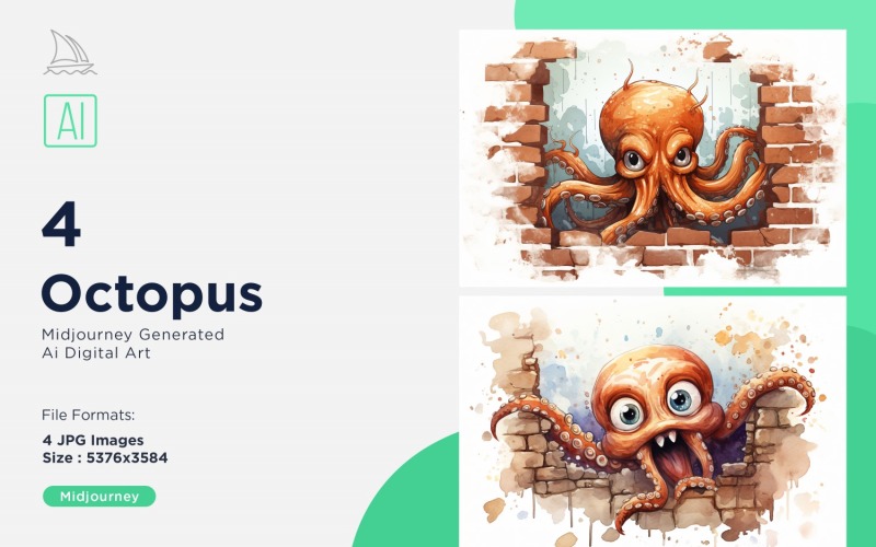 Octopus funny Animal head peeking on white background Set Illustration