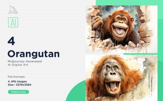 Orangutan funny Animal head peeking on white background Set.