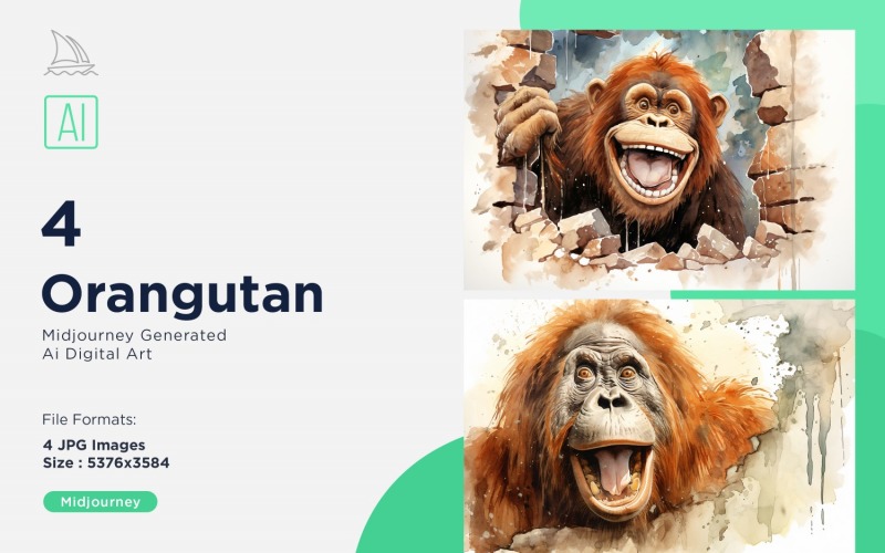 Orangutan funny Animal head peeking on white background Set. Illustration