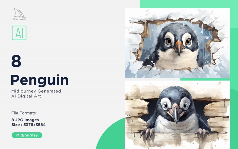 Penguin funny Animal head peeking on white background Set Illustration