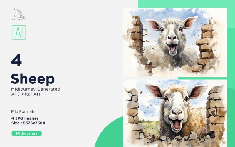 Sheep funny Animal head peeking on white background Set. Illustration