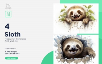 Sloth funny Animal head peeking on white background Set.