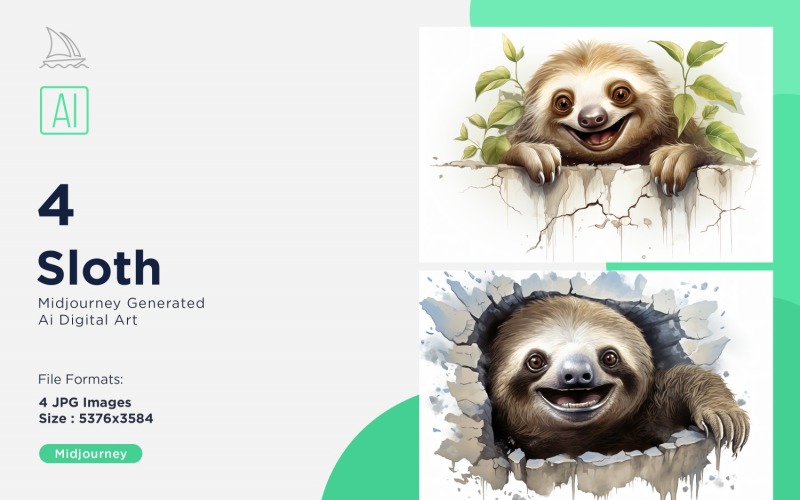 Sloth funny Animal head peeking on white background Set. Illustration