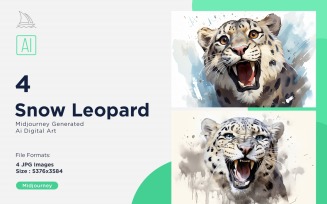 Snow Leopard funny Animal head peeking on white background Set