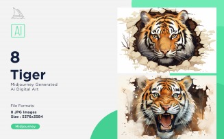 Tiger funny Animal head peeking on white background Set.