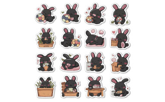 A delightful set of 12 adorable stickers featuring a very cute black bunny