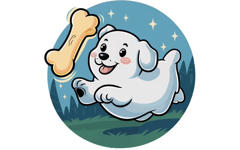 illustration featuring a friendly ghost dog playfully fetching a glowing Illustration