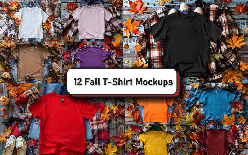 Fall T-Shirt Mockups On Wooden Background Product Mockup