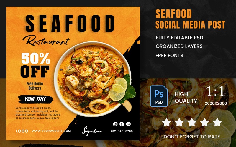 Fresh Seafood Restaurant Promotional FREE PSD Template Social Media