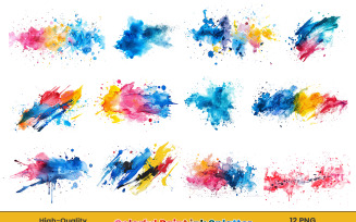 Watercolor colorful ink paint splatter brush stroke background set