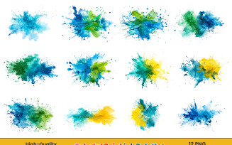 Watercolor colorful ink paint splatter splash brush strokes transparent background