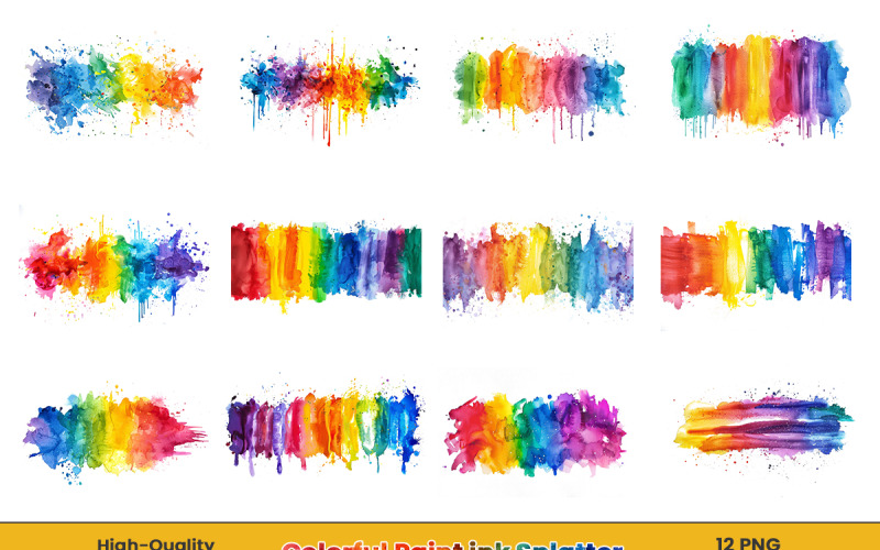 Colorful Rainbow Paint Splash Clipart, Watercolor paint ink splatter. Background