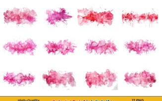 Pink Watercolor ink paint splatter, multicolor painting splashes png background set.