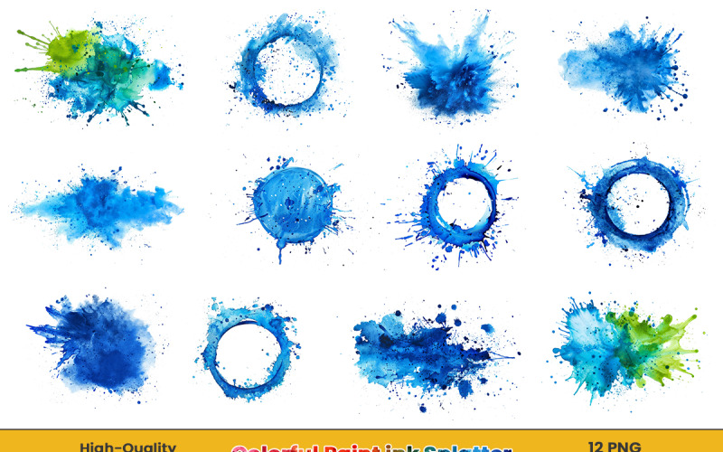 Watercolor colorful ink paint splatter brush strokes background set Background