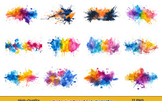 Watercolor colorful paint ink splatter brush strokes, rainbow paint splash clipart png