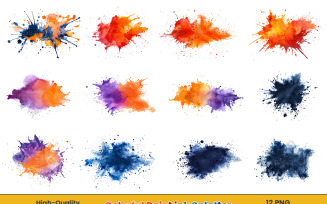 Watercolor colorful paint ink splatter brush strokes transparent background