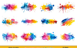 Watercolor colorful paint ink splatter splash, multicolor painting splashes png background set.