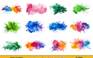 Watercolor ink paint splatter, multicolor painting splashes png background set.