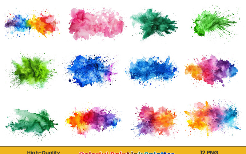 Watercolor ink paint splatter, multicolor painting splashes png background set. Background