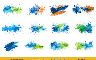 Watercolor ink paint splatter, rainbow painting splashes png background set.