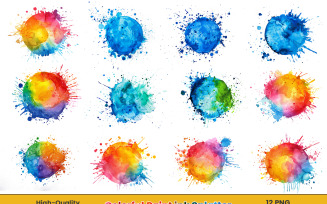 Watercolor ink paint splatter, rainbow splash circle frame png background set.