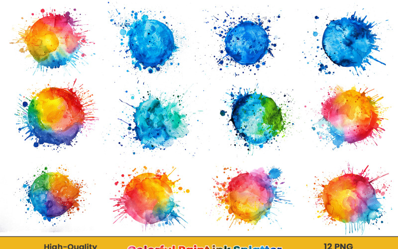 Watercolor ink paint splatter, rainbow splash circle frame png background set. Background