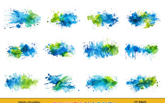 Watercolor ink splatter, multicolor painting splashes png background set.