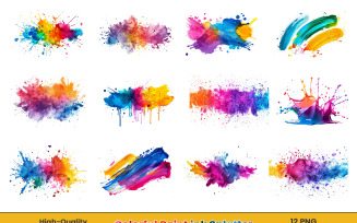 Watercolor paint ink splash brush png, multicolor painting splatter background set