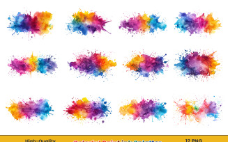 Watercolor paint ink splatter, rainbow paint splash png background.