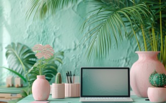 laptop with vases on the green table 81