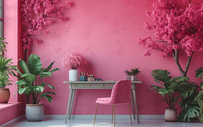 Minimalist Design with Desk & Frame on Pink wall 53 Illustration