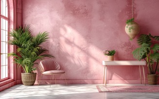 Minimalist Design with Desk & Plant Vase on Pink wall 56