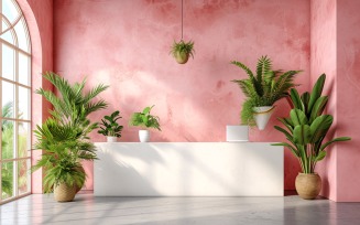 Minimalist Design with Desk & Plant Vase on Pink wall 58