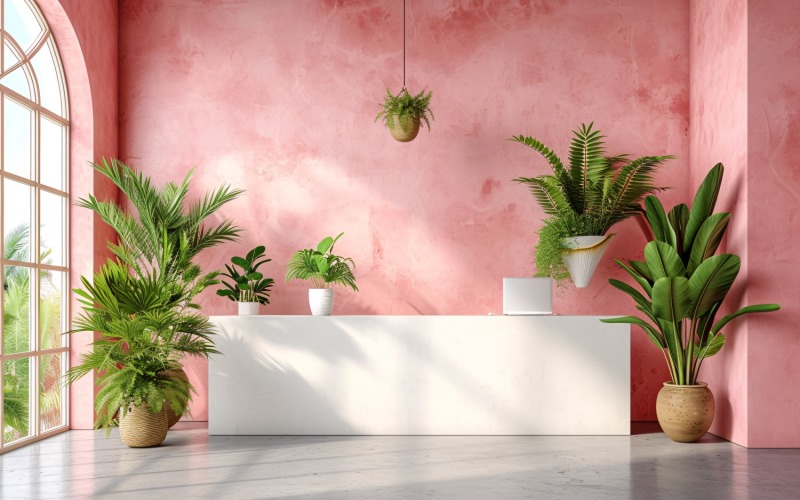 Minimalist Design with Desk & Plant Vase on Pink wall 58 Illustration