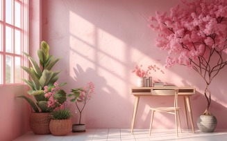 Minimalist Design with Desk & Plant Vase on Pink wall 5