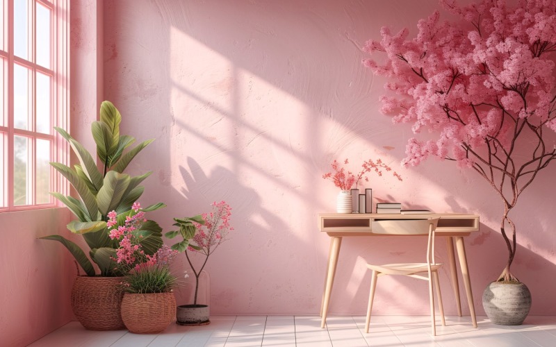 Minimalist Design with Desk & Plant Vase on Pink wall 5 Illustration